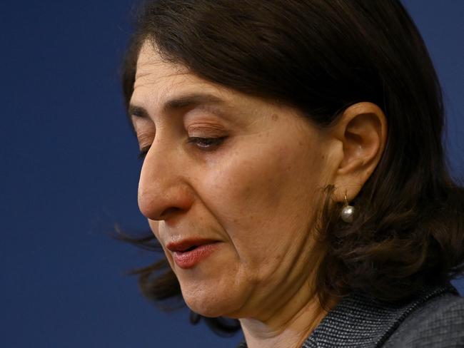 Gladys Berejiklian at her final media conference as NSW Premier. Picture: Getty