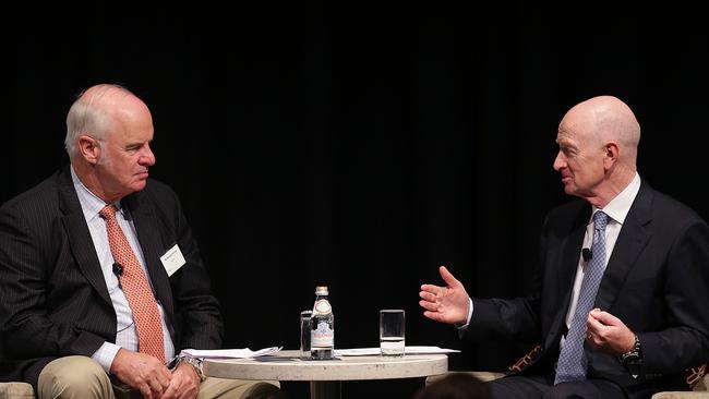 Reserve Bank Govenor Glenn Stevens, right, during a Q&amp;A session at the Economic Society of Australia.