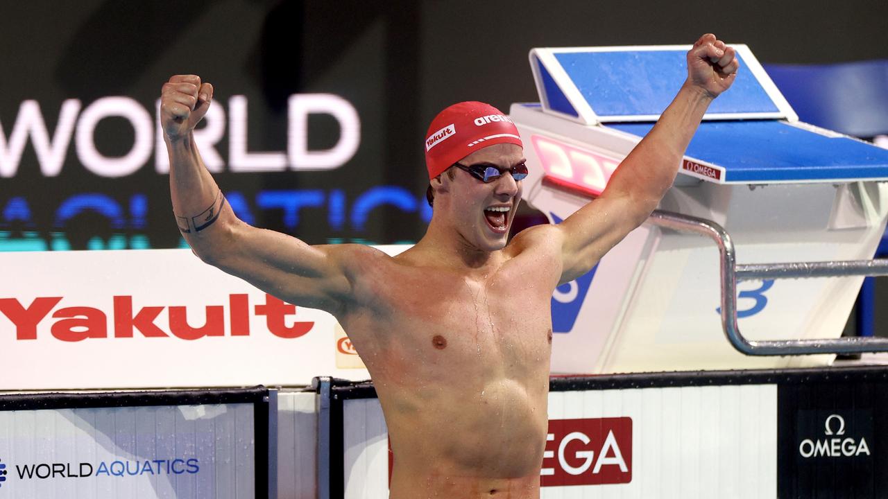 Switzerland’s Noe Ponti celebrates breaking the men’s 100m butterfly world record. (Photo by Dean Mouhtaropoulos/Getty Images)