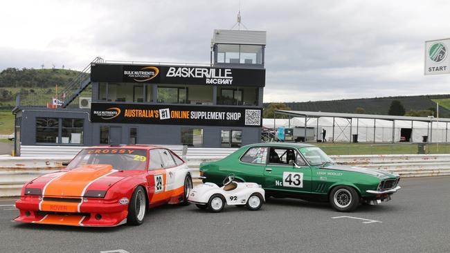 Leigh Woolley's€™s XU1 Torana and Mick Cross'€™ Rover and a pedal car at Baskerville Raceway ahead of the 2024 Baskerville Historics. Picture: Elise Kaine