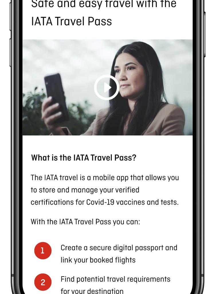 The Qantas app first encourages passengers to download the IATA travel pass app. Picture: Supplied