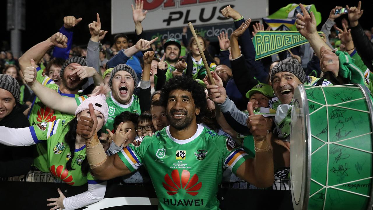 Canberra's Sia Soliola celebrates victory with the crowd after the Penrith v Canberra game