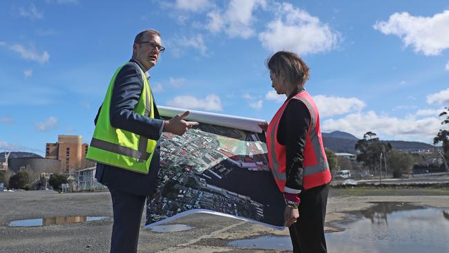 State Growth Minister Michael Ferguson at Macquarie Point this week with Development Corporation chief Mary Massina. Picture: LUKE BOWDEN