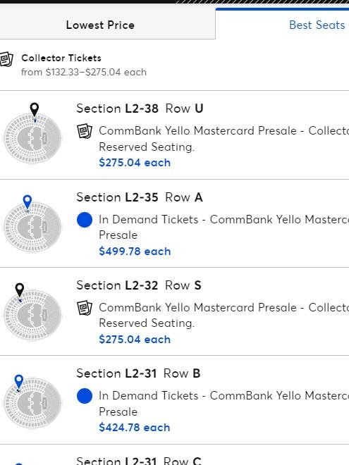 Green Day seated tickets were listed as high as $500 under the controversial dynamic pricing. Picture: Ticketmaster.