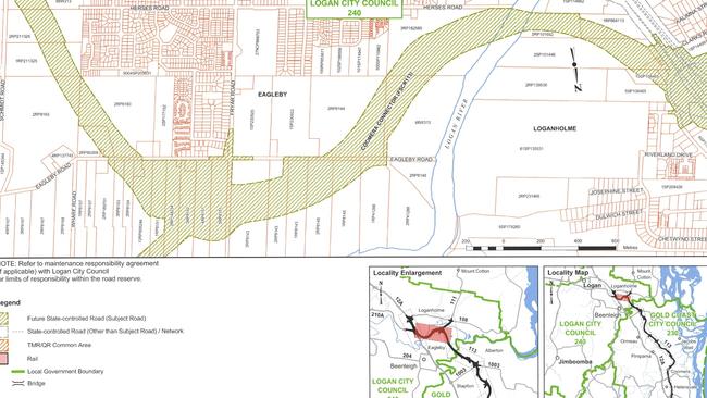 It skirts the southeastern boundary of Palm Lake Resort clipping properties on the corner of Fryar Rd and Eagleby Rd. parts of 18 acreage properties on Eagleby Rd, opposite Palm Lakes Resort, are earmarked for resumption.