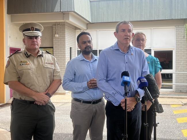 Corrections Commissioner Matthew Varley, Corrections Minister Gerard Maley, Attorney General Marie Clare Boothby and Fong Lim MLA Tanzil Rahman at Berrimah Corrections Centre.