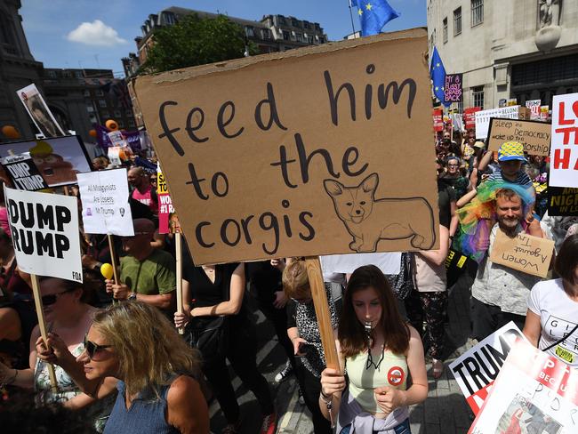 Protesters join a Women's march in central London to demonstrate against President Trump's visit to the UK, on July 13, 2018 in London, England. Tens of Thousands Of Anti-Trump protesters are expected to demonstrate in London and across the country against the UK visit by the President of the United States. Many people disagree with his policies that include migrant family separation, discrimination of transgender military personnel and changes to laws protecting women's sexual health. (Photo by Chris J Ratcliffe/Getty Images)