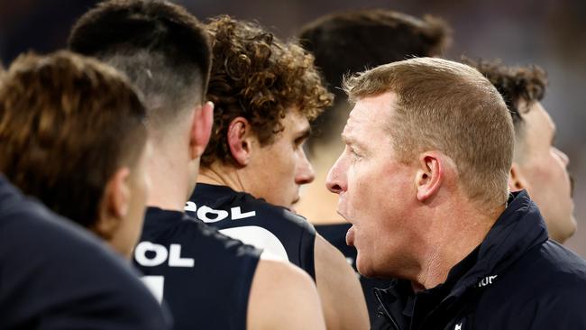 MELBOURNE, AUSTRALIA - JUNE 30: Michael Voss, Senior Coach of the Blues looks on during the 2024 AFL Round 16 match between the Richmond Tigers and the Carlton Blues at The Melbourne Cricket Ground on June 30, 2024 in Melbourne, Australia. (Photo by Michael Willson/AFL Photos via Getty Images)