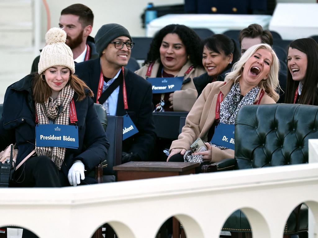 Stand-ins for President Joe Biden and first lady Jill Biden share a laugh during rehearsals for the presidential inauguration at US Capitol. Picture: Getty Images via AFP