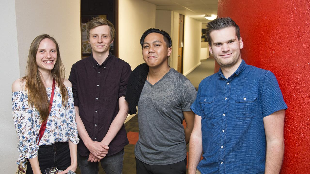 USQ Film and Television students (from left) Renae Johnson, Arthur Ridgway, Michael Develos and Lachlan Berlin before the 2019 showcase at USQ Arts Theatre, Friday, November 8, 2019. Picture: Kevin Farmer