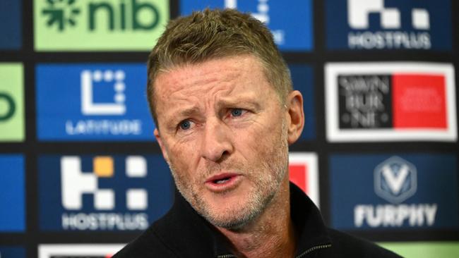 MELBOURNE, AUSTRALIA - MAY 23: Damien Hardwick the coach of the Tigers speaks to the media where he announced his retirement during a Richmond Tigers AFL press conference at Punt Road Oval on May 23, 2023 in Melbourne, Australia. (Photo by Quinn Rooney/Getty Images)