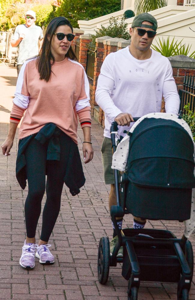 Cooper Cronk and Tara Rushton walk to breakfast with their new baby boy Lennox Ryder Cronk. Picture: MEGA