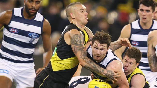 Dustin Martin and Patrick Dangerfield were in everything but it was Jack Higgins (right) and his shot at goal that was the talking point. Pic: Michael Klein