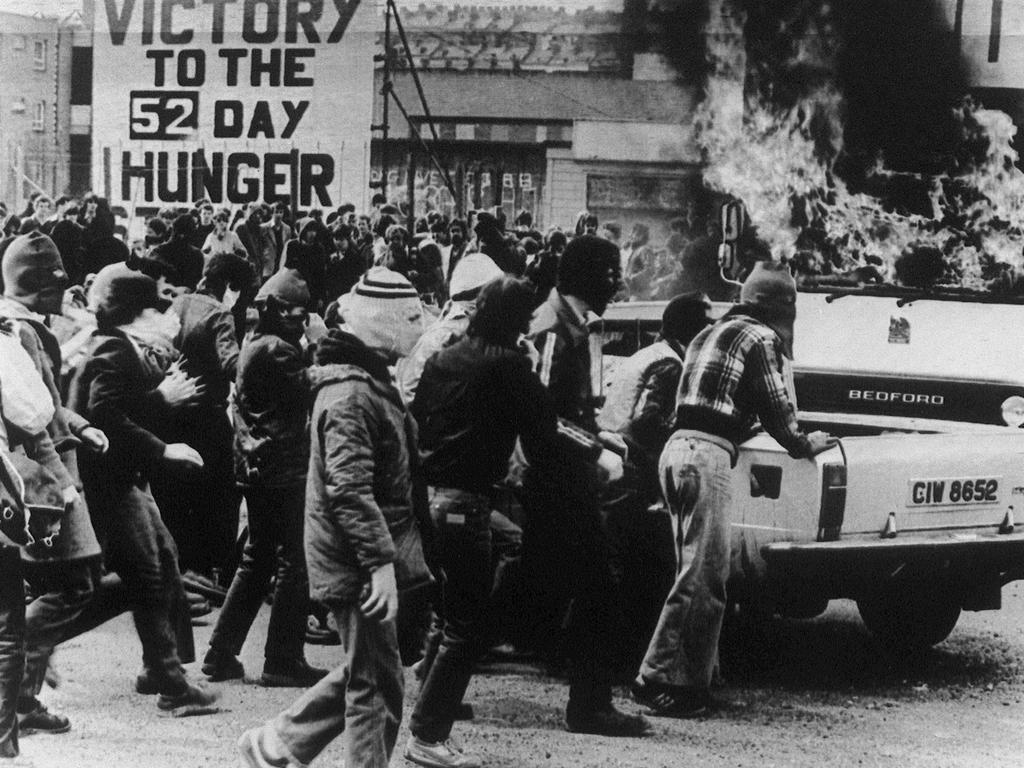 A group of young people set fire to a van facing British troops in Belfast on April 22, 1981 after a series of clashes with soldiers. The fighting broke out as a hunger strike by an imprisoned IRA member reached a critical stage.