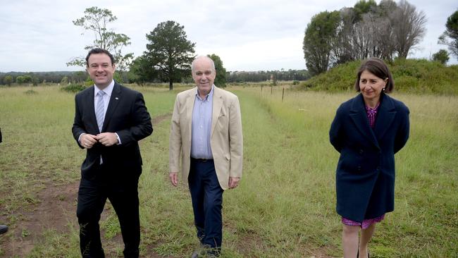 NSW Premier Gladys Berejiklian, Minister for Jobs, Investment, Tourism and Western Sydney Stuart Ayres and Jim Bradfield, the grandson of John Bradfield announce the naming of Bradfield as Sydney newest city on the doorstep of the Western Sydney Aerotropolis. Picture: NCA NewsWire / Jeremy Piper