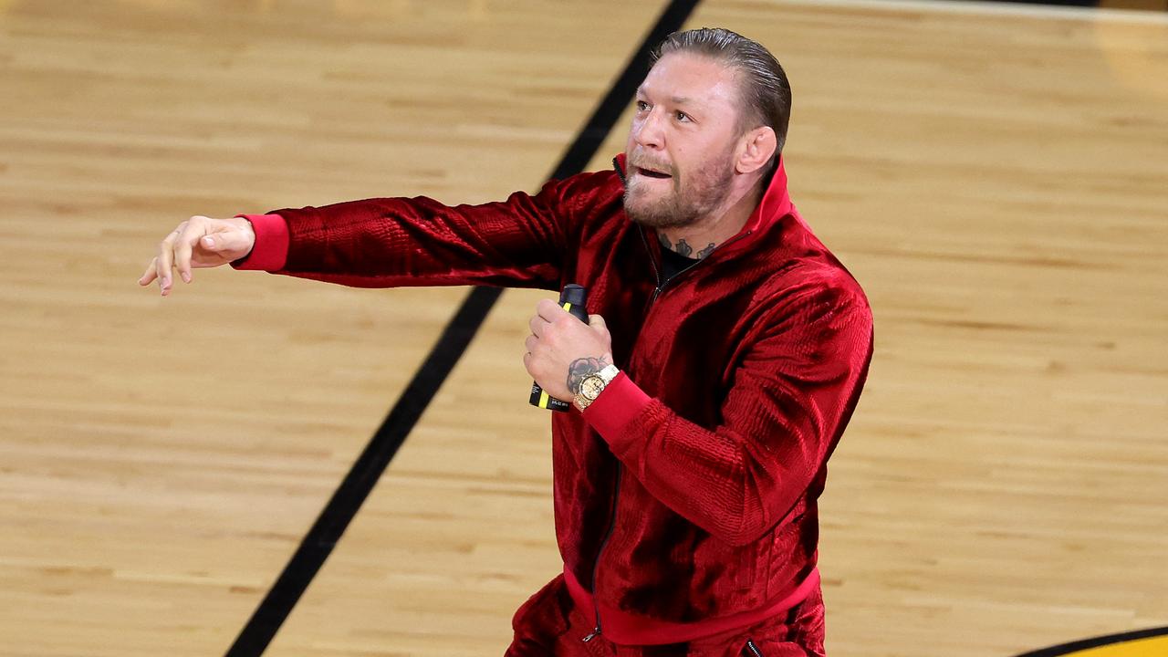 Conor McGregor is seen on the court during a time-out in Game Four of the 2023 NBA Finals. (Photo by Megan Briggs / GETTY)