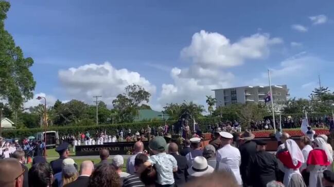 Crowds of hundreds gather at Freedom Park, Hervey Bay, for the Anzac Day service.