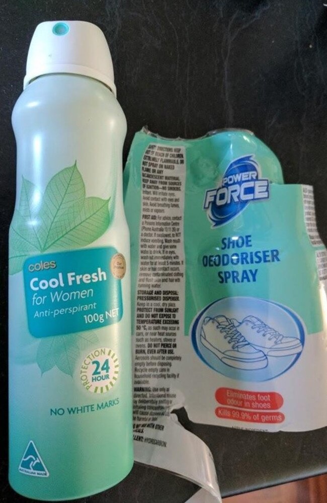 The shoe deodoriser spray plastic label (right), removed to reveal the Coles deodorant can underneath.