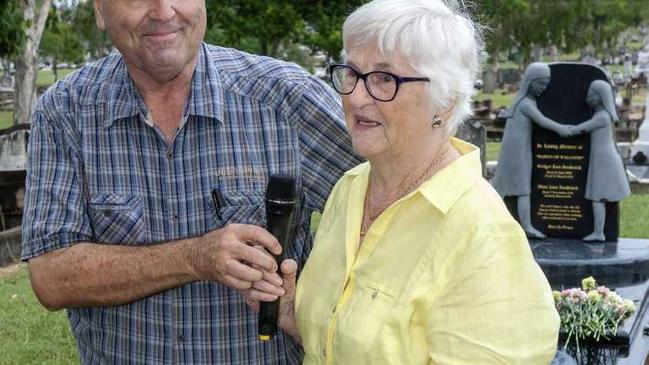 Councillor David Pahlke with Joan Busby at The Babies of Walloon grave dedication. Picture: Lyle Radford