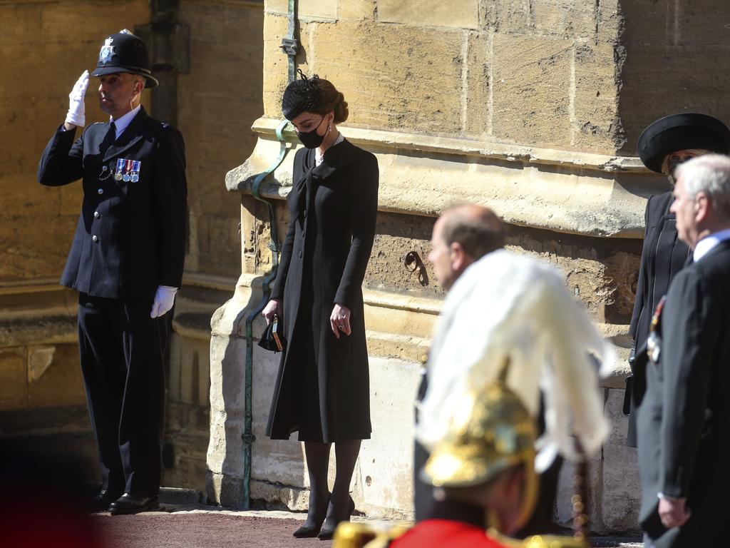 Catherine, Duchess of Cambridge stands at the Galilee Porch of St George's Chapel during the funeral of Prince Philip, Duke of Edinburgh, at Windsor Castle. Picture: Getty Images