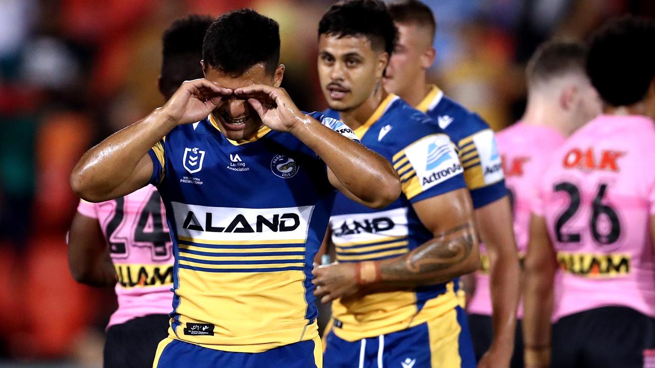 Eels players react at full time of their trial game against Penrith.