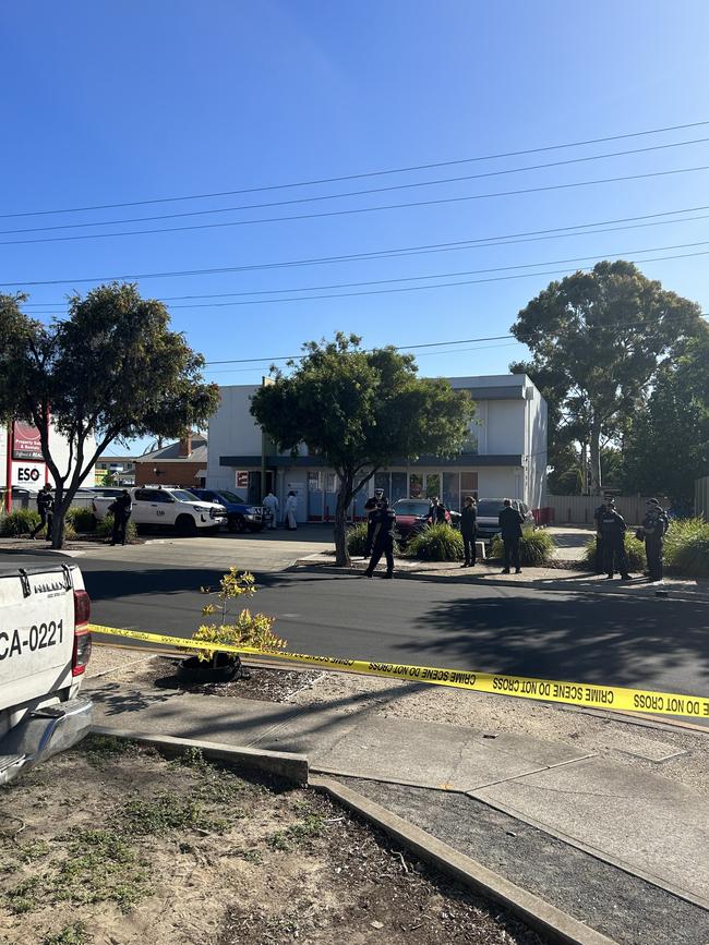 The crime scene on the corner of Lydia Street and Anzac Highway, Plympton. Picture: Zayda Dollie