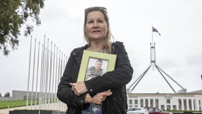 Adelaide mother of Dave Finney, Julie-Ann Finney, outside Parliament House in Canberra to petition for a royal commission into suicides among veterans and defence personnel. Picture: Gary Ramage