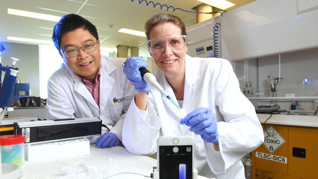 Professor Karen Reynolds works with a prototype Personal Health Monitor with Associate professor Youhong Tang. Picture: Mark Brake/AAP.