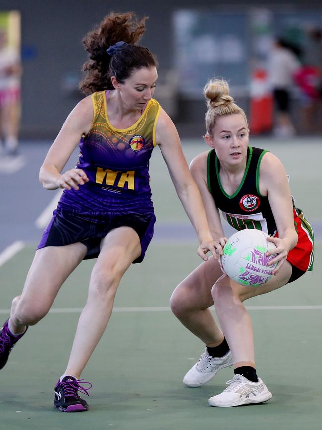 Cairns Netball Association Senior Division 1 – Round 7. South Cairns Cutters v Phoenix Fierce. Fierce's Sarah Mallen and Cutters' Emma Sorrell. PICTURE: STEWART McLEAN