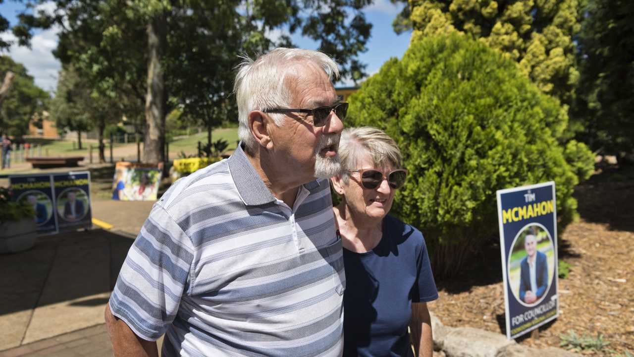 Gordon and Beryl Lawson before voting in the Toowoomba Regional Council local government election at Centenary Heights State High School polling booth, Saturday, March 28, 2020. Picture: Kevin Farmer