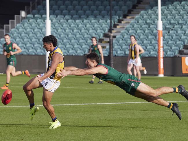 Tasmania's Bailey Boag looks to lay a tackle against Sandringham. Picture: Rod Thompson