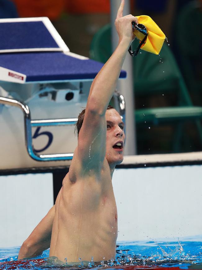 Australia's Kyle Chalmers celebrates winning the Gold medal in the Men's 100m Freestyle Final on day five of the swimming at the Rio 2016 Olympic Games. Picture. Phil Hillyard