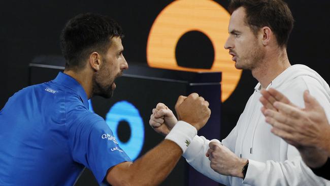 NCA. MELBOURNE, AUSTRALIA. 19th January 2025.   Day 10. Australian Open Tennis at Melbourne Park.   Novak Djokovic vs Carlos Alcaraz on Rod Laver Arena.   Novak Djokovic celebrates winning in 4 sets with his coach Andy Murray   .  Picture: Michael Klein