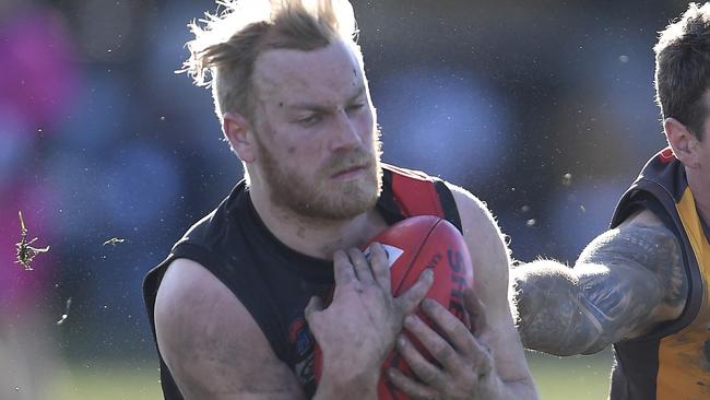 RiddellÃs Liam Berry and Jesse Sheppard Woodend-HesketÃs during the RDFL football match between Riddell and Woodend-Hesket in Riddells Creek, Saturday, June 26, 2021. Picture: Andy Brownbill