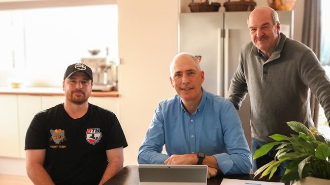 Energy and Renewables Minister Nick Duigan is joined by Liberal member Mark Shelton and homeowner Nic Collar at Carrick, as the Renewable Energy Dividend hits the energy accounts of every Tasmanian household and small business by the end of June. Picture: Stephanie Dalton