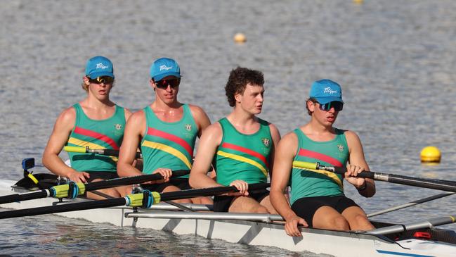 The gold medal winning crew from St Augustine's College, Brookvale, in the under/19 Men's Coxed Four at the 2022 Australian Rowing Championships held at the Nagambie Lakes Regatta Centre in Victoria. The crew was made up of Joshua Wilson, Joe Lynch, Oliver St Pierre and Brandon Smith, with coxswain Ryder Taylor (out of shot). Picture: St Augustine's College