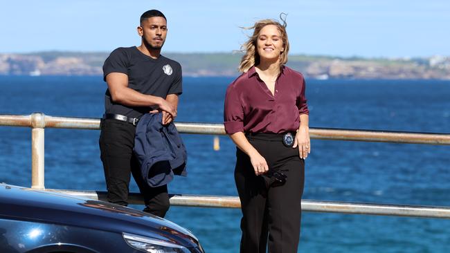 British actor Sean Sagar and Australian Tuuli Narkle shoot NCIS: Sydney at North Bondi on Thursday. Picture: Matrix Media Group