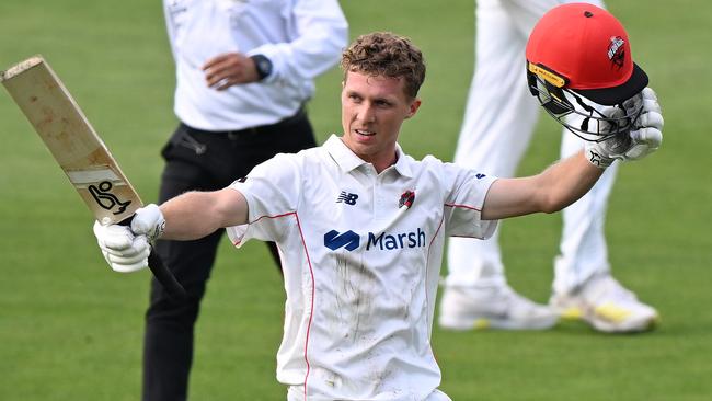 Nathan McSweeney of the Redbacks celebrates scoring a century. (Photo by Steve Bell/Getty Images)