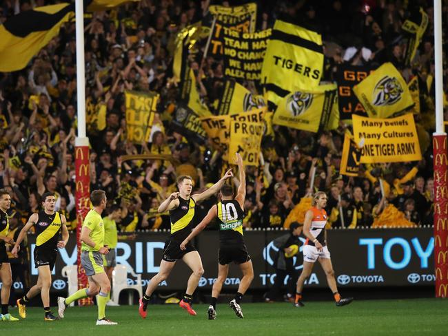 Jack Riewoldt celebrates kicking a goal. Picture. Phil Hillyard