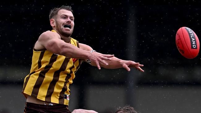 RowvilleÃs Nikolas Schoenmakers during the EFL Premier Division Grand Final between Rowville and Noble Park in Melbourne, Saturday, Sept. 17, 2022. Picture: Andy Brownbill