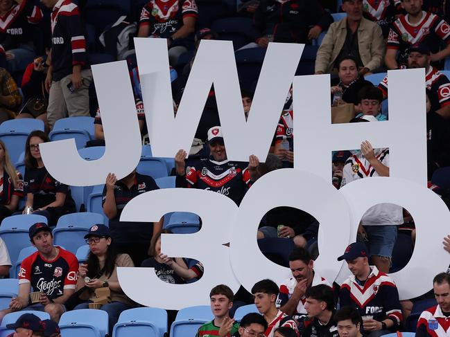 Fans hold up a sign for Jared Waerea-Hargreaves of the Roosters' 300th game. (Photo by Cameron Spencer/Getty Images)