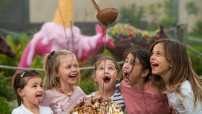 Sophie, 4, Aneva, 5, Ellie, 6, Jemma, 7, Marley, 7 in awe of the chocolate on offer at the Great Ocean Road Chocolaterie. Picture: Jason Edwards