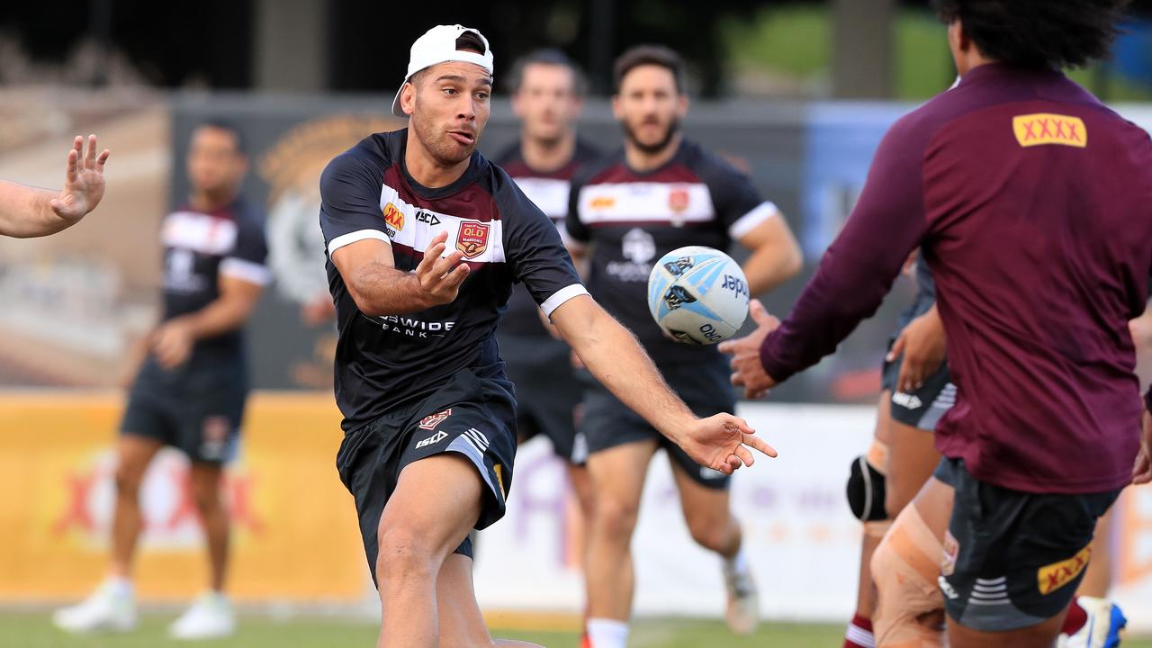 Corey Norman and the Queensland Origin team hold a training run at Langlands Park in Brisbane ahead of the Origin decider in Sydney on Wednesday.