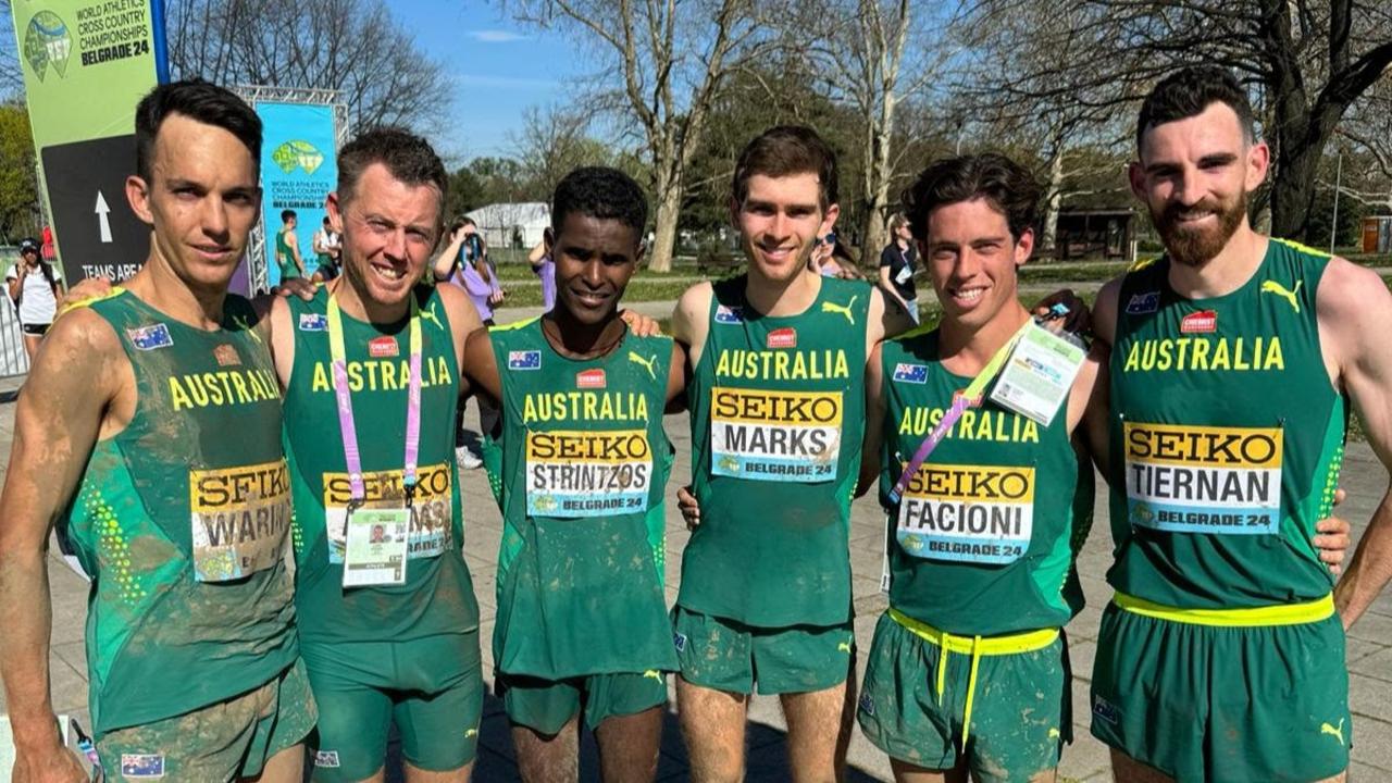 Team Australia Cross Country members (from left) Andre Waring, Liam Adams. Haftu Strintzos, Edwards Marks, Zach Facioni and Patrick Tiernan. Picture: Athletics Australia