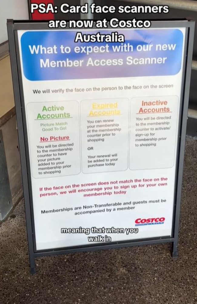 A sign outside a Costco outlines the new entry requirements. Picture: TikTok/@snackreviews_aus