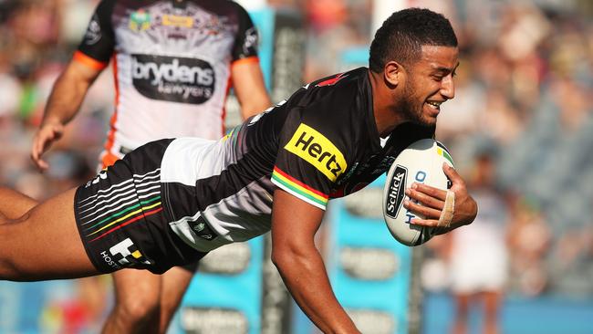 Viliam Kikau dives over to score a try on debut for the Panthers. Picture: Phil Hillyard