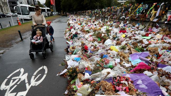 Tributes displayed in memory of mosque massacre victims in Christchurch in 2019. Picture: Sanka Vidangama/AFP.