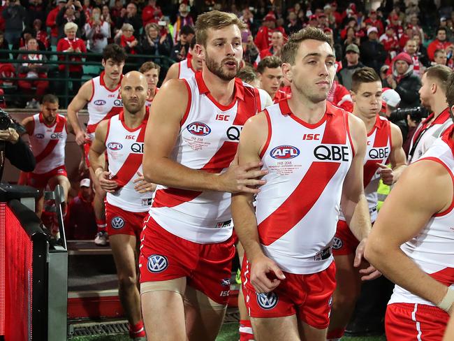 Alex Johnson runs out for his first game since the 2012 Grand Final. Picture. Phil Hillyard