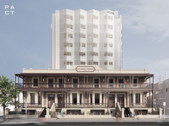 Artist impressions of a proposed 10-storey hotel at the site of a local heritage building in Glenelg. Picture: PACT Architects.,