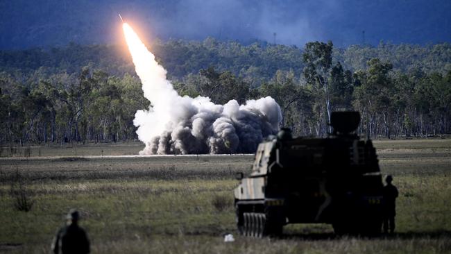 The High Mobility Artillery Rocket System (HIMARS) is fired by the US Army during Exercise Talisman Sabre 2023 in Shoalwater Bay training area . The live fire display is a combined exercise capabilities from Australia, the US, Japan, South Korea, Germany, France and New Zealand. Picture: NCA NewsWire / Jeremy Piper